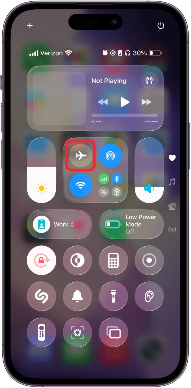 a screenshot of the iphone's control center with a red box around the airplane mode symbol which is grayed out, indicating that it is currently disabled