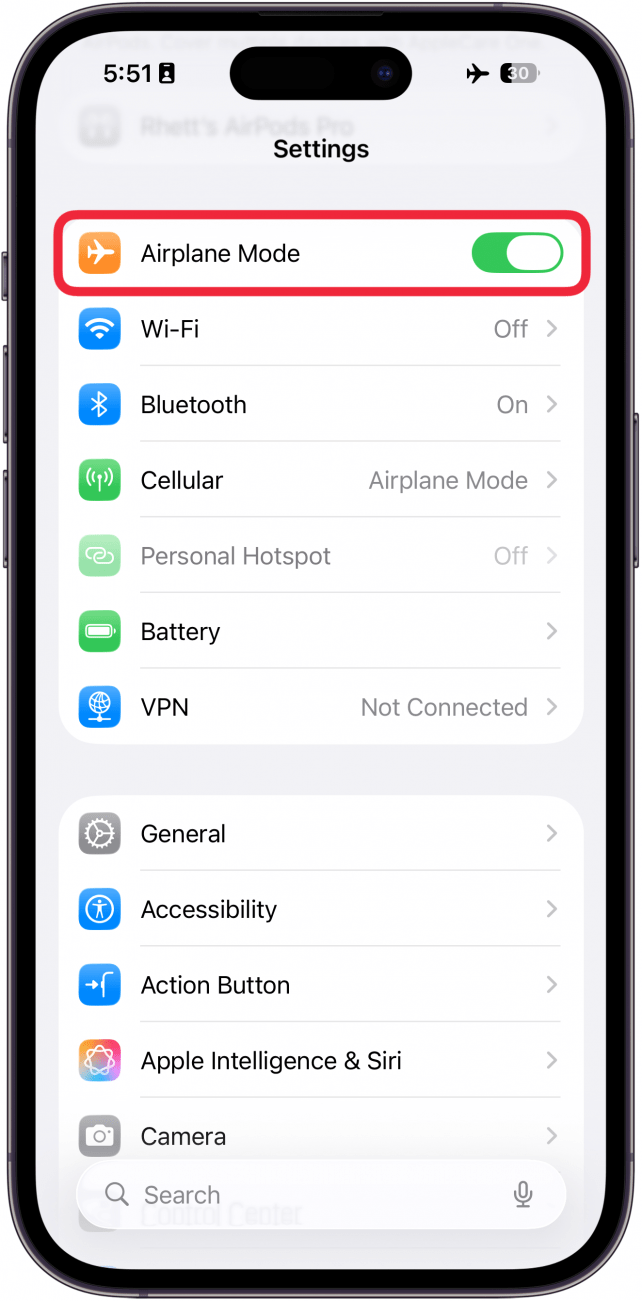 a screenshot of the iphone settings app with a red box around the airplane mode toggle