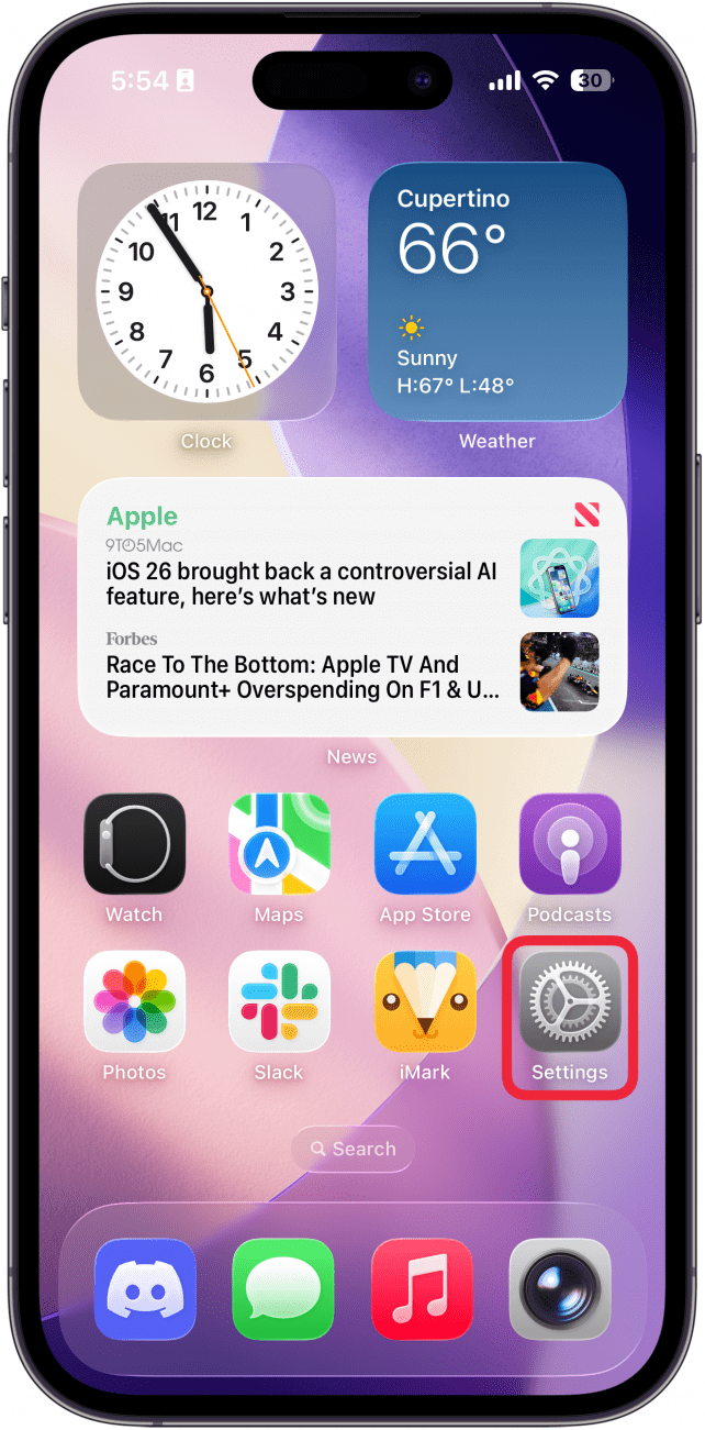 a screenshot of the iphone home screen with a red box around the settings app