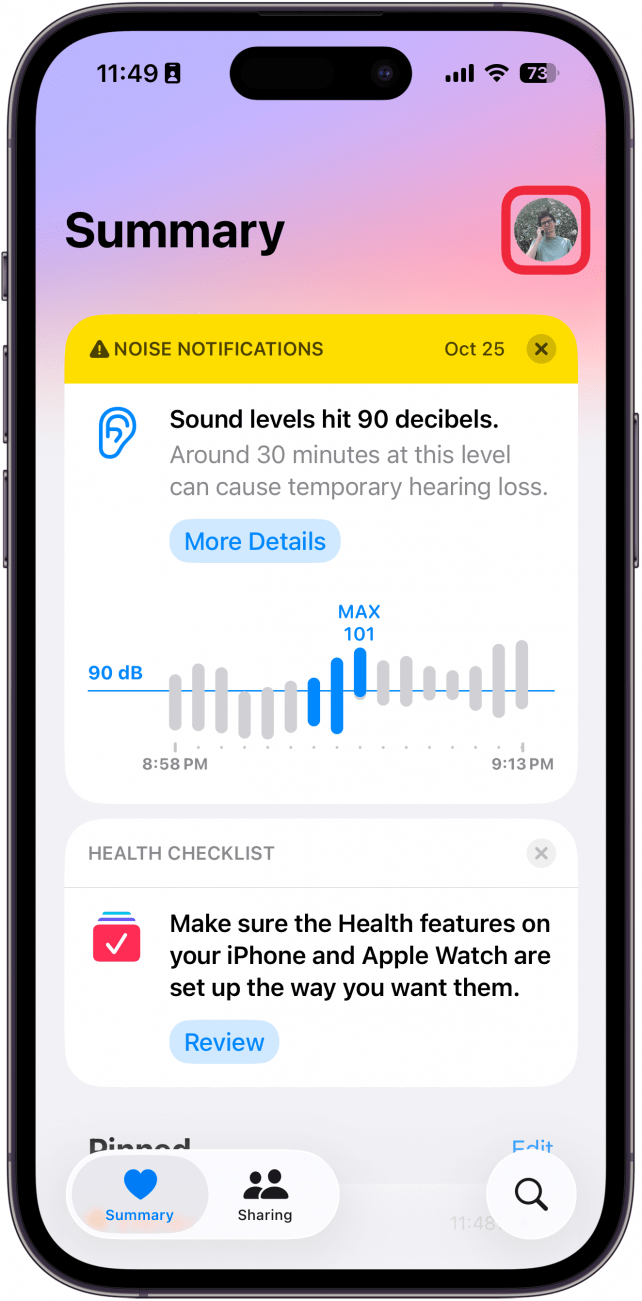 a screenshot of the health app on iphone with a red box around the profile icon