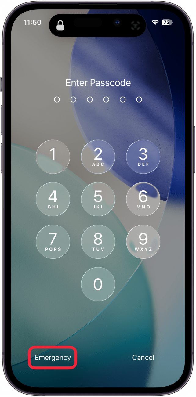 a screenshot of the iphone lock screen with a red box around the emergency button