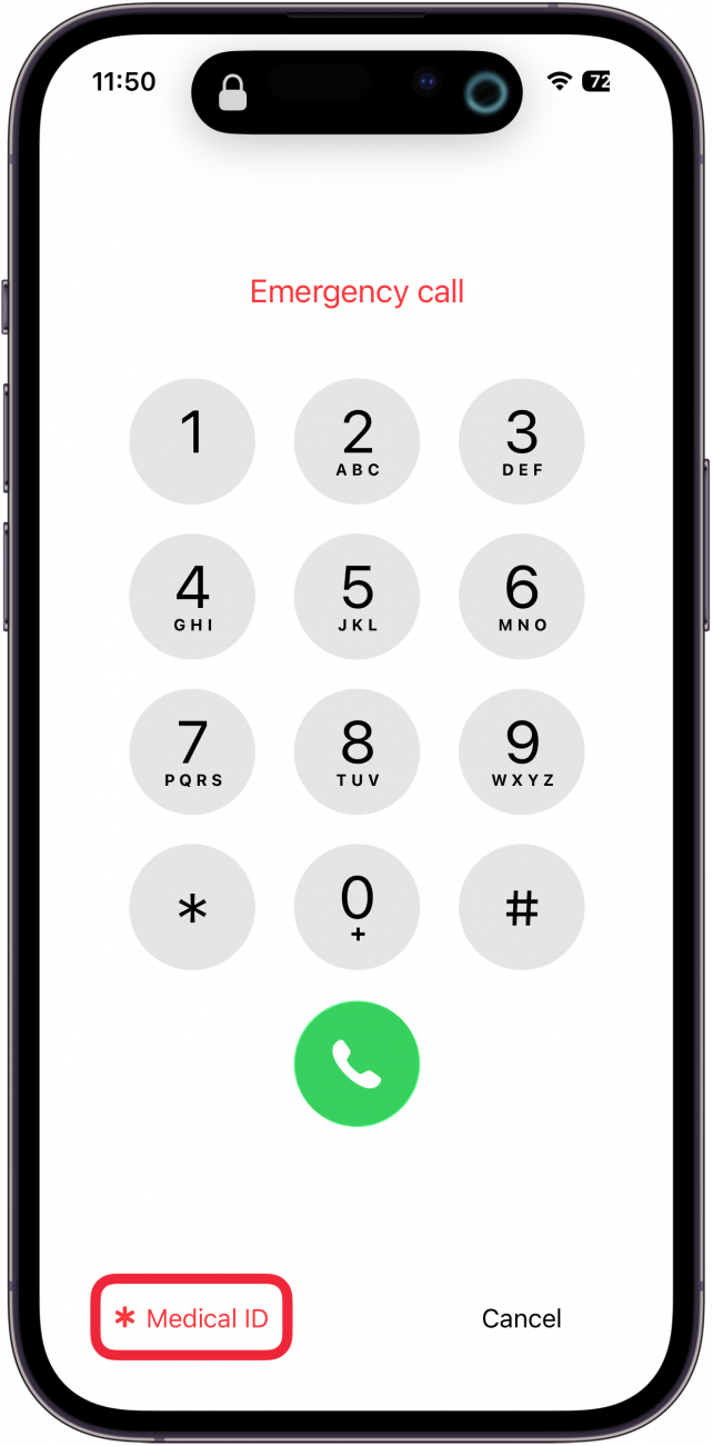 a screenshot of the emergency call screen on iphone with a red box around the medical id button