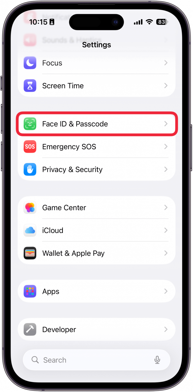 a screenshot of the iphone settings app with a red box around face id & passcode