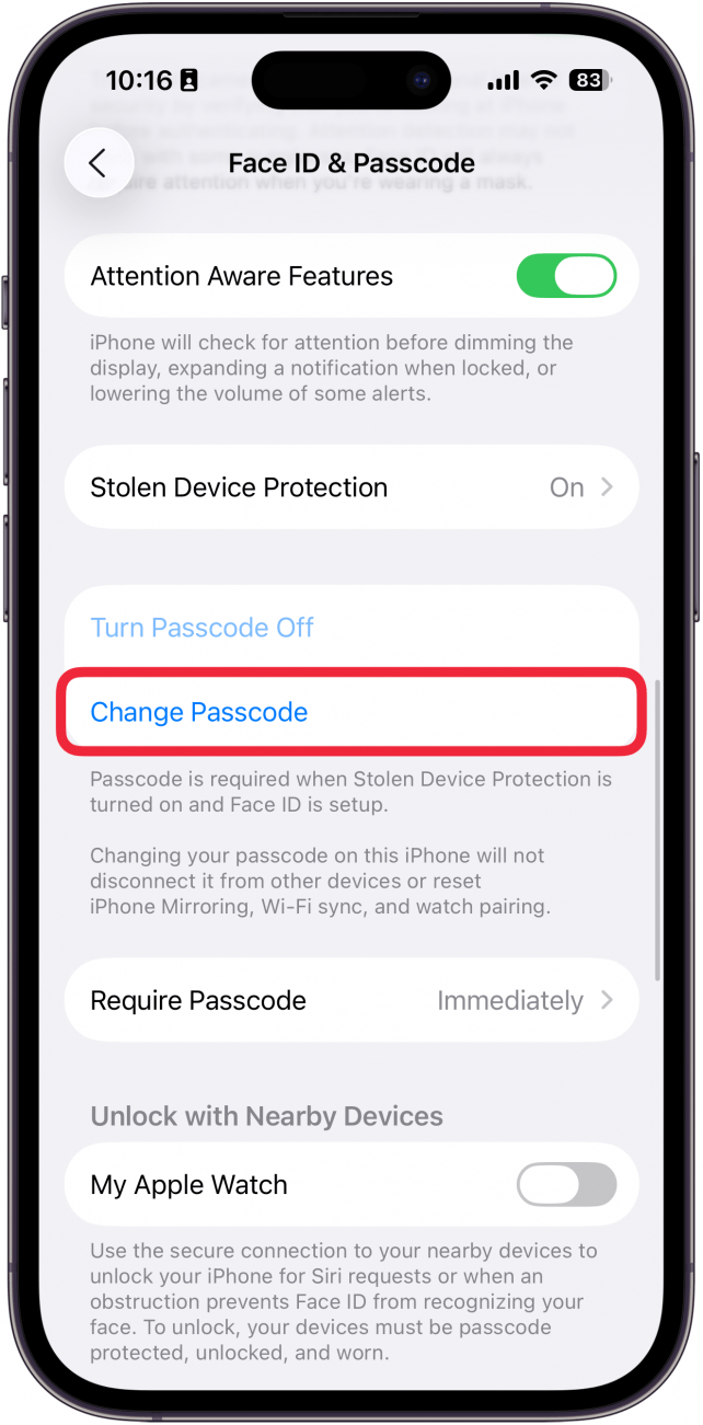 a screenshot of the iphone's passcode settings with a red box around change passcode