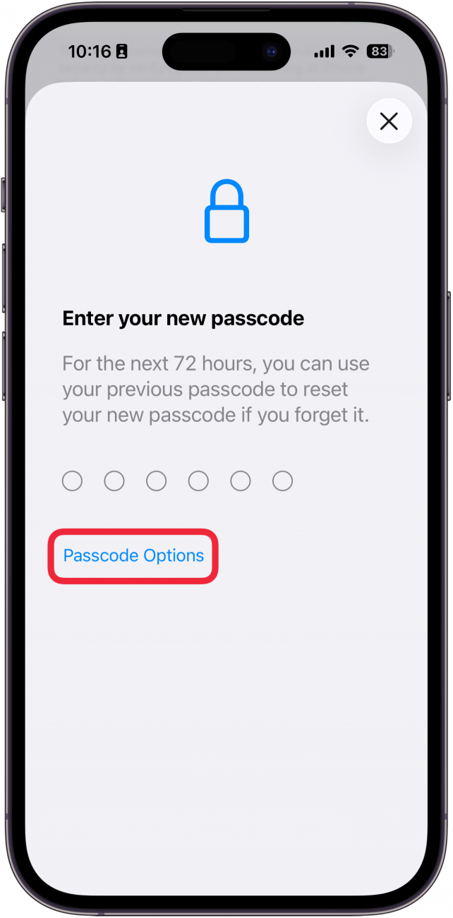 a screenshot of the passcode changing process on iphone with a red box around passcode options