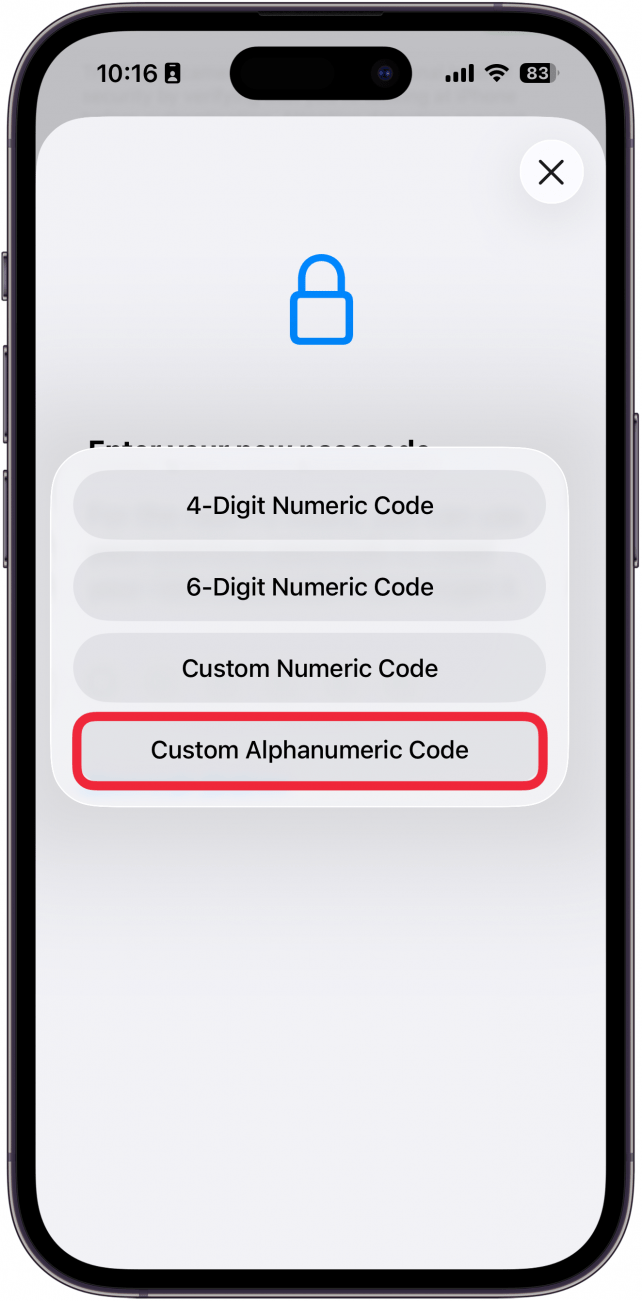 a screenshot of the passcode changing process on iphone with a red box around alphanumeric passcode