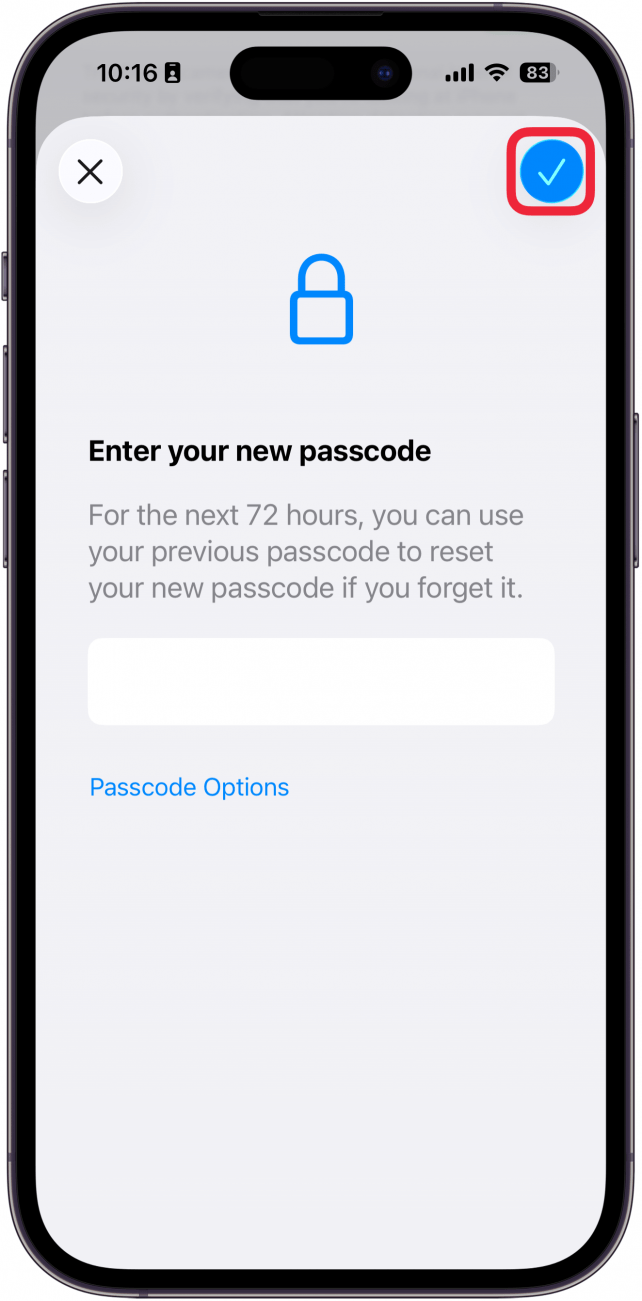 a screenshot of the passcode changing process on iphone displaying the alphanumeric passcode field and a red box around the checkmark button