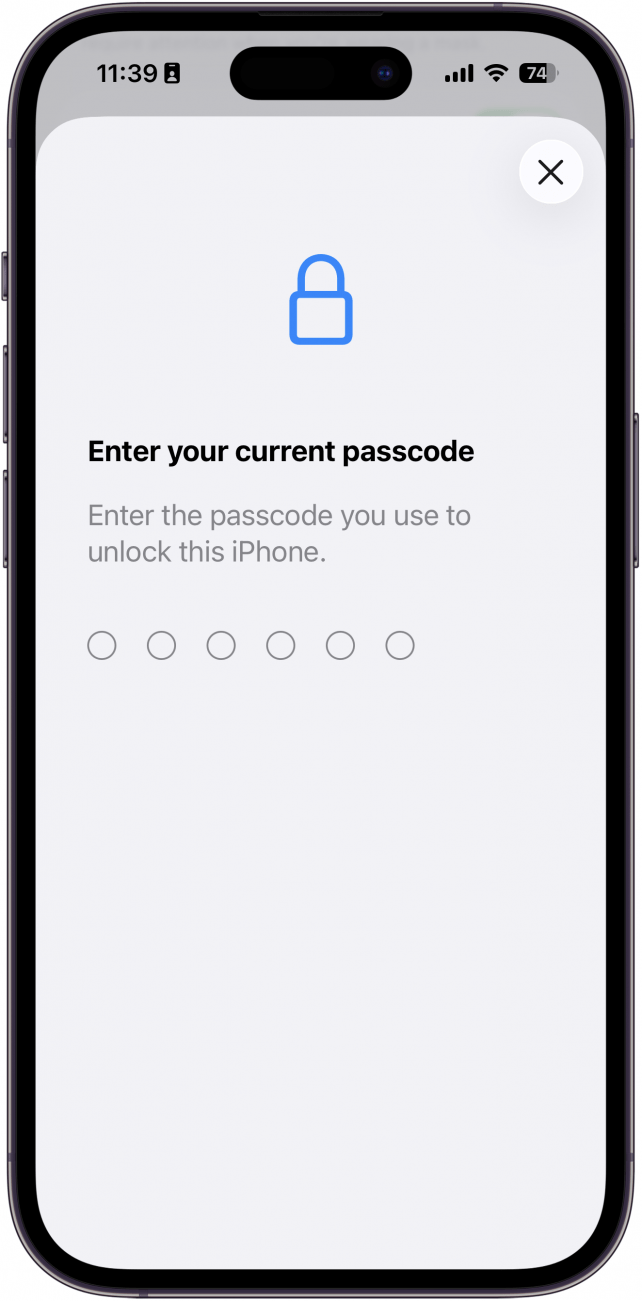 a screenshot of the passcode changing process on iphone, prompting the user to enter their current passcode