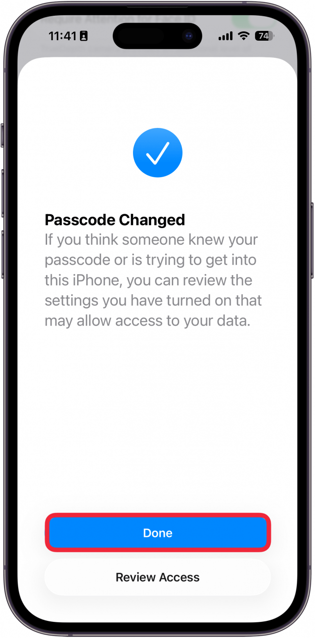 a screenshot of the passcode changing process on iphone with a red box around the done button