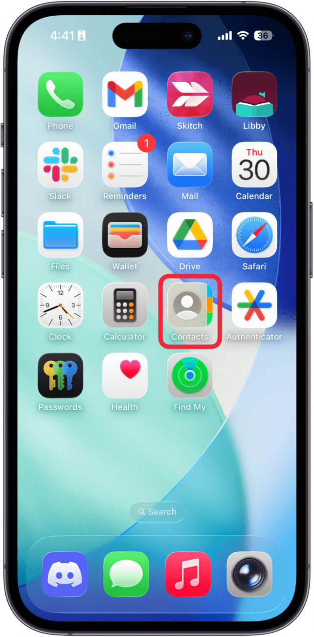a screenshot of the home screen on iphone with a red box around the contacts app