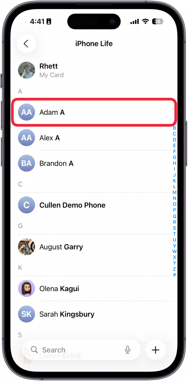 a screenshot of the contacts app on iphone with a red box around a contact named adam