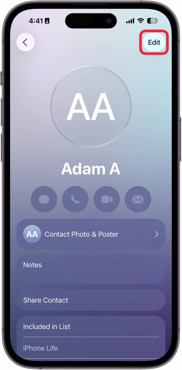 a screenshot of the contact card for a contact named adam on the iphone with a red box around the edit button