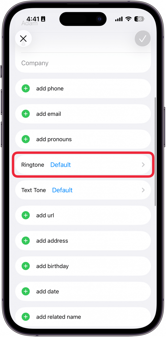 a screenshot of the edit contact screen on iphone with a red box around ringtone