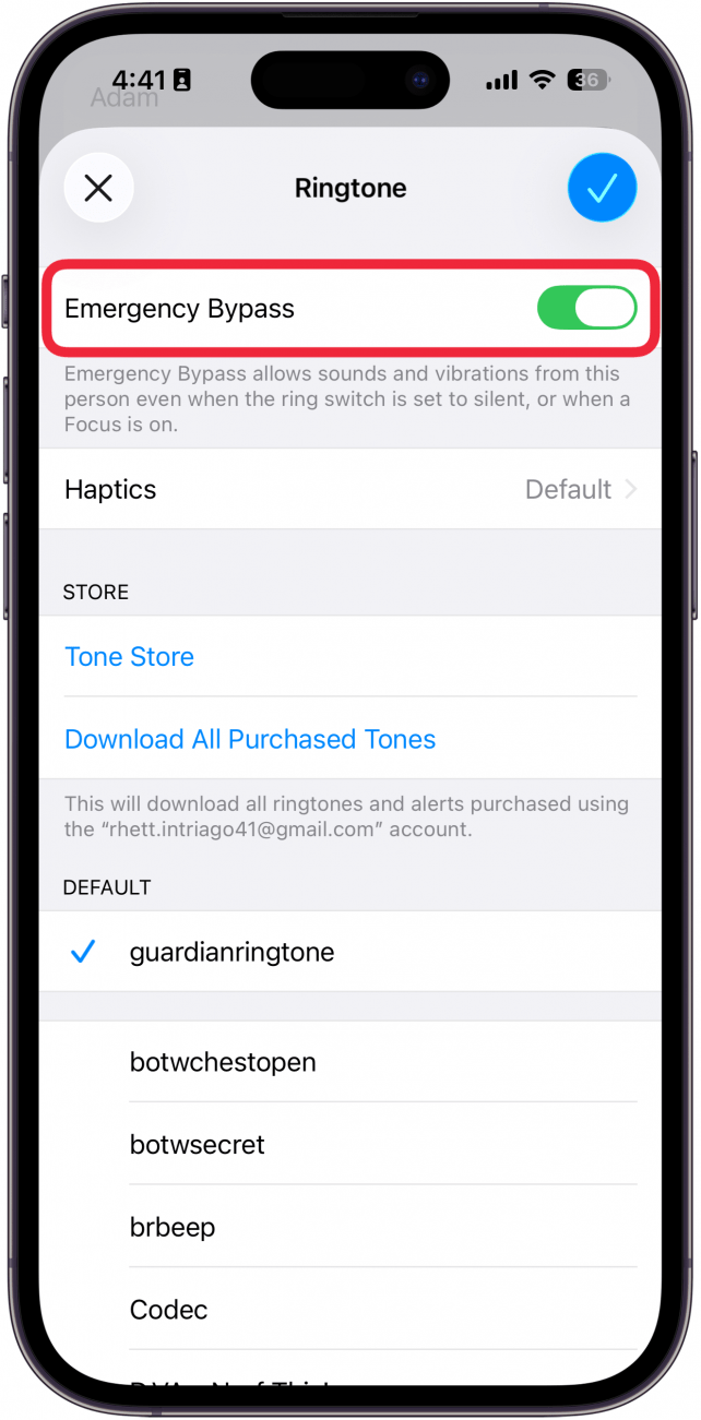 a screenshot of the ringtone editing screen on iphone with a red box around the emergency bypass toggle