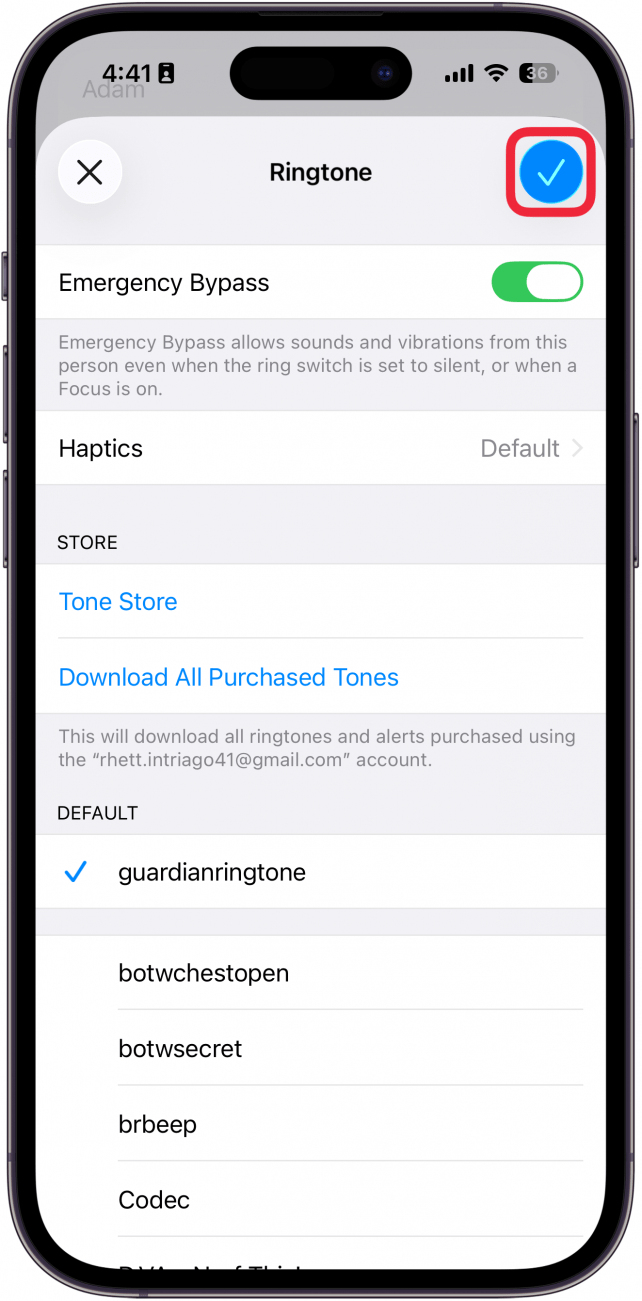 a screenshot of the ringtone editing screen on iphone with a red box around the checkmark icon