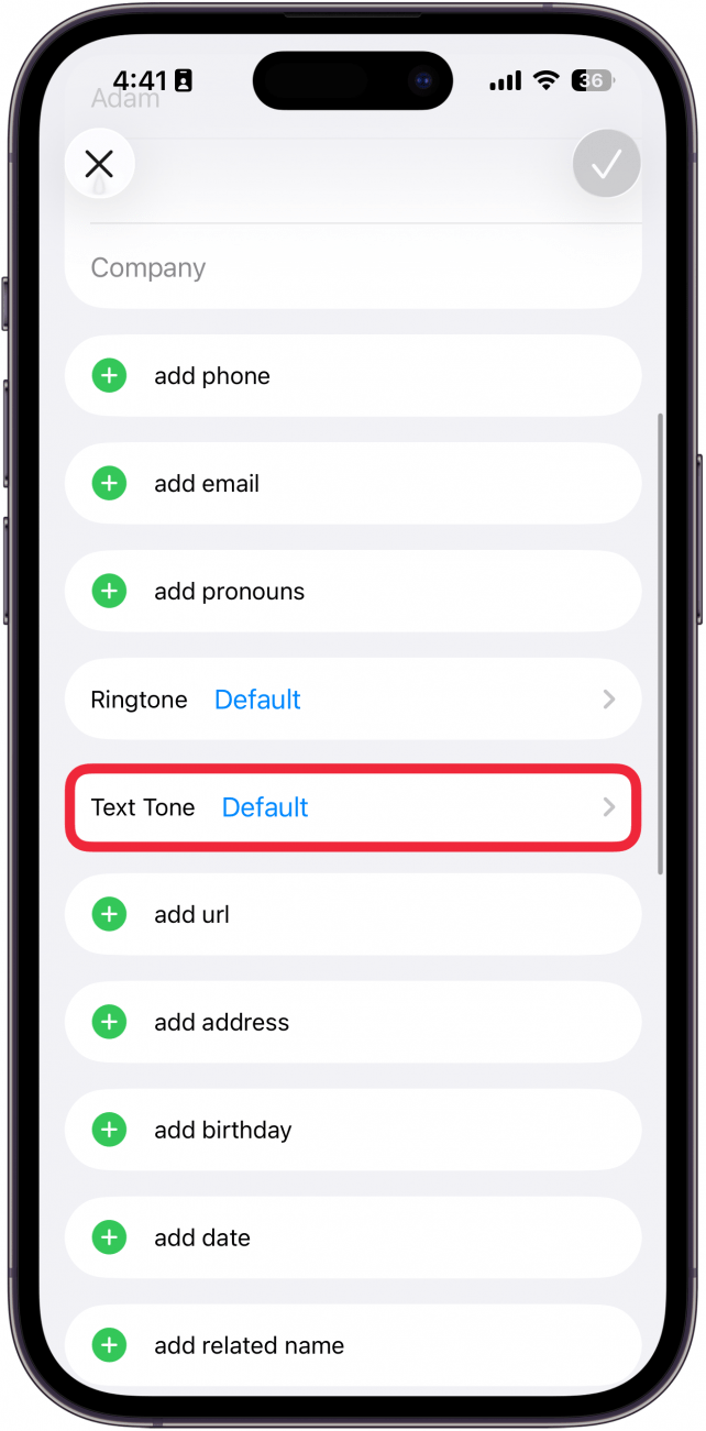 a screenshot of the edit contact screen on iphone with a red box around text tone