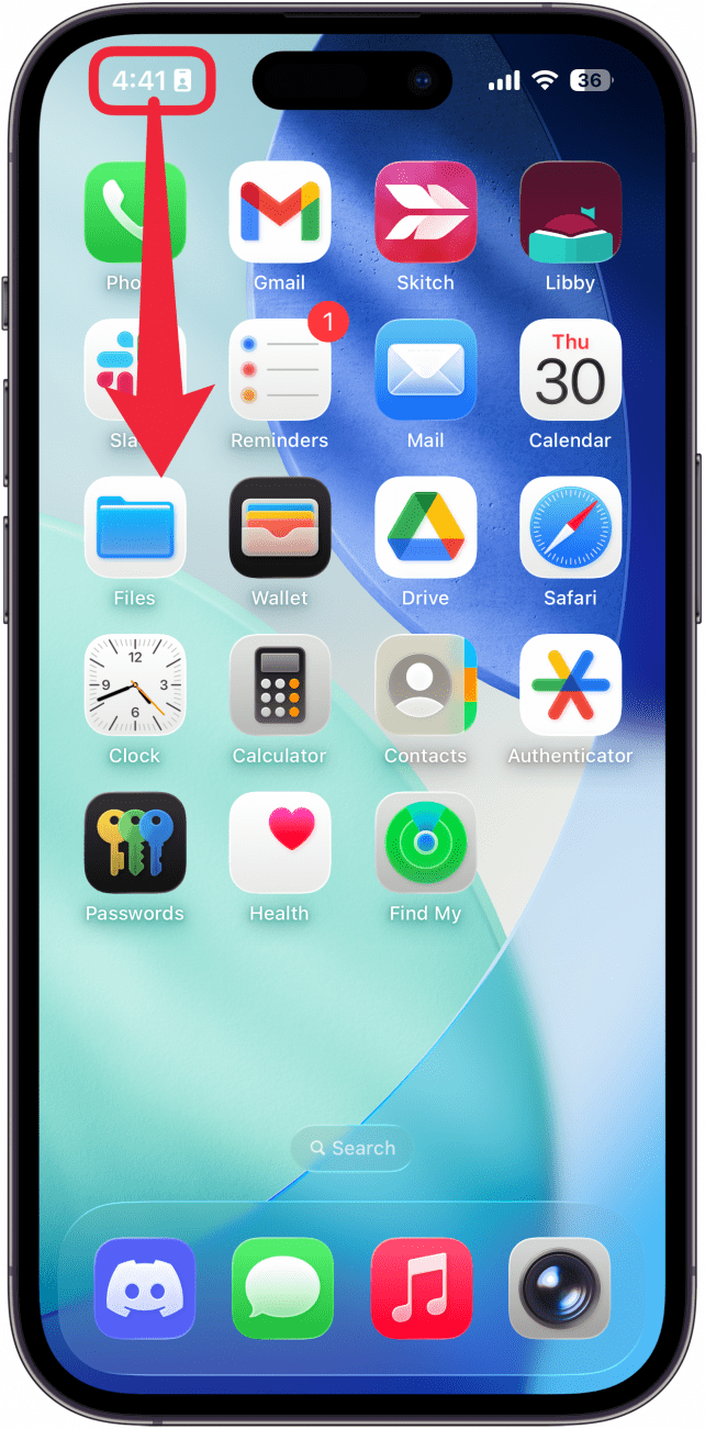 iphone home screen with red arrow pointing downward from upper left edge, indicating to swipe down from the upper right edge