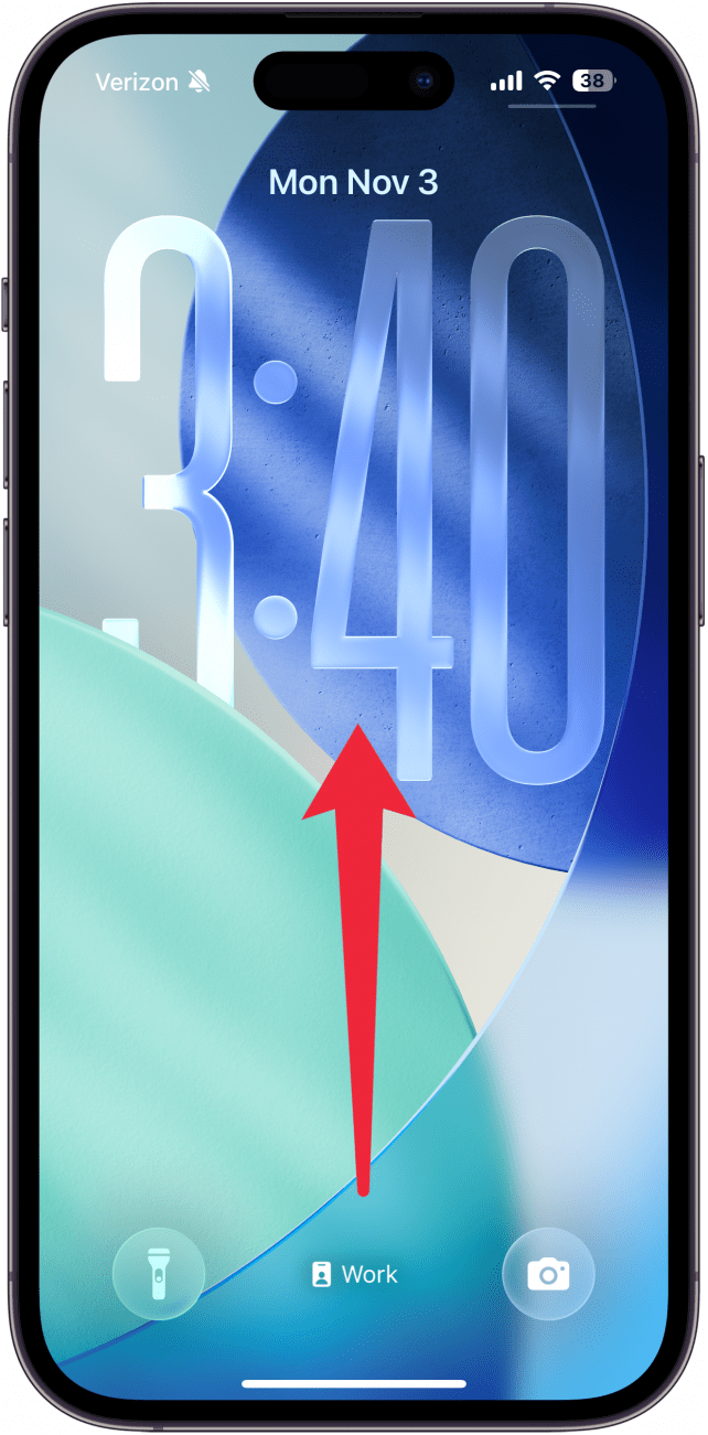 iphone lock screen with red arrow pointing up from center of screening, indicating to swipe up from center of screen