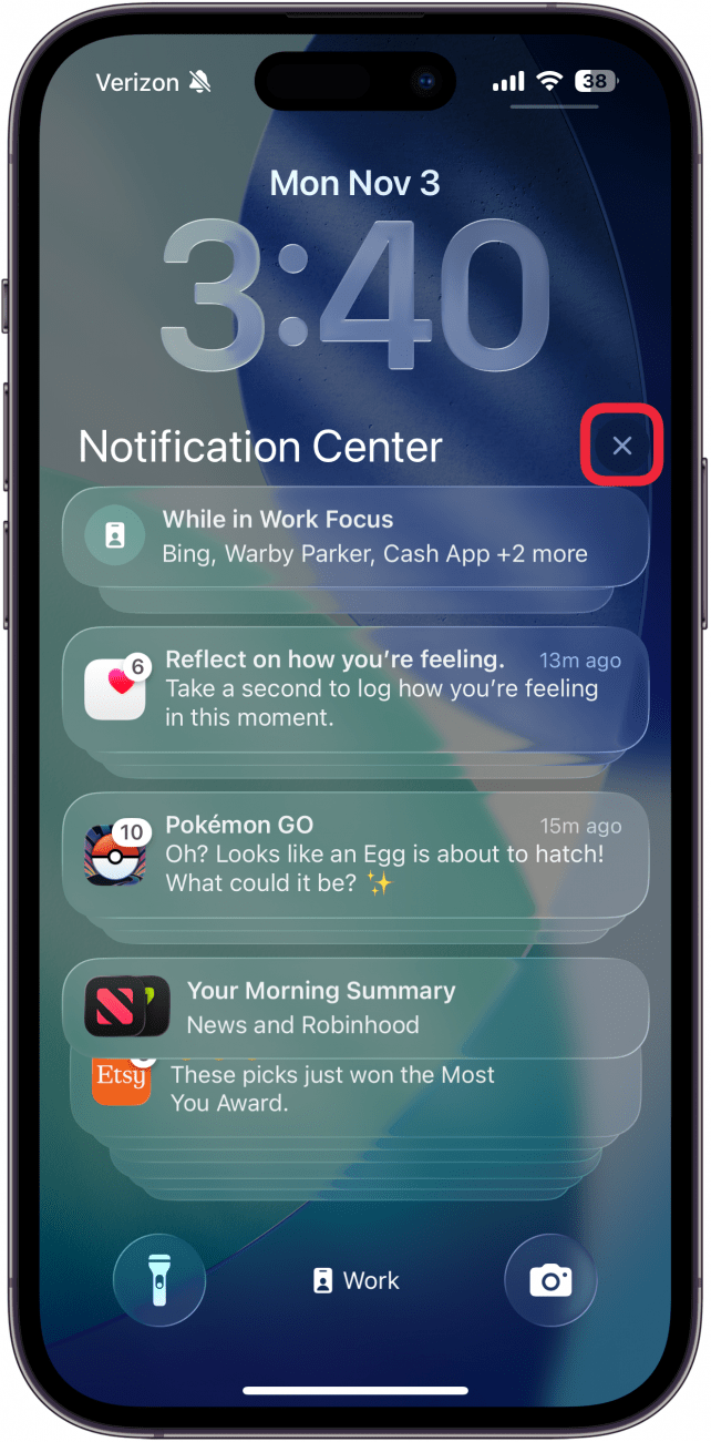 iphone notification center with X icon circled in red