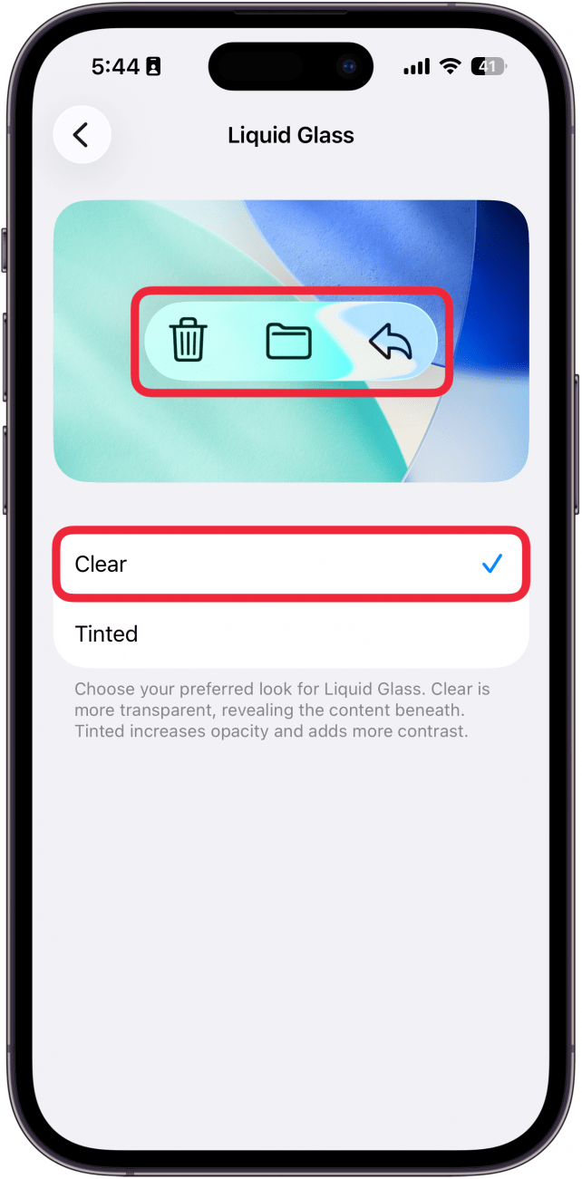 a screenshot of the liquid glass settings on iphone with a red box around clear