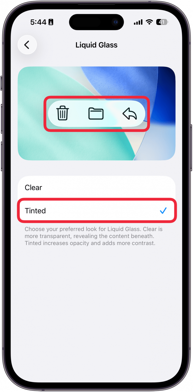 a screenshot of the liquid glass settings on iphone with a red box around tinted
