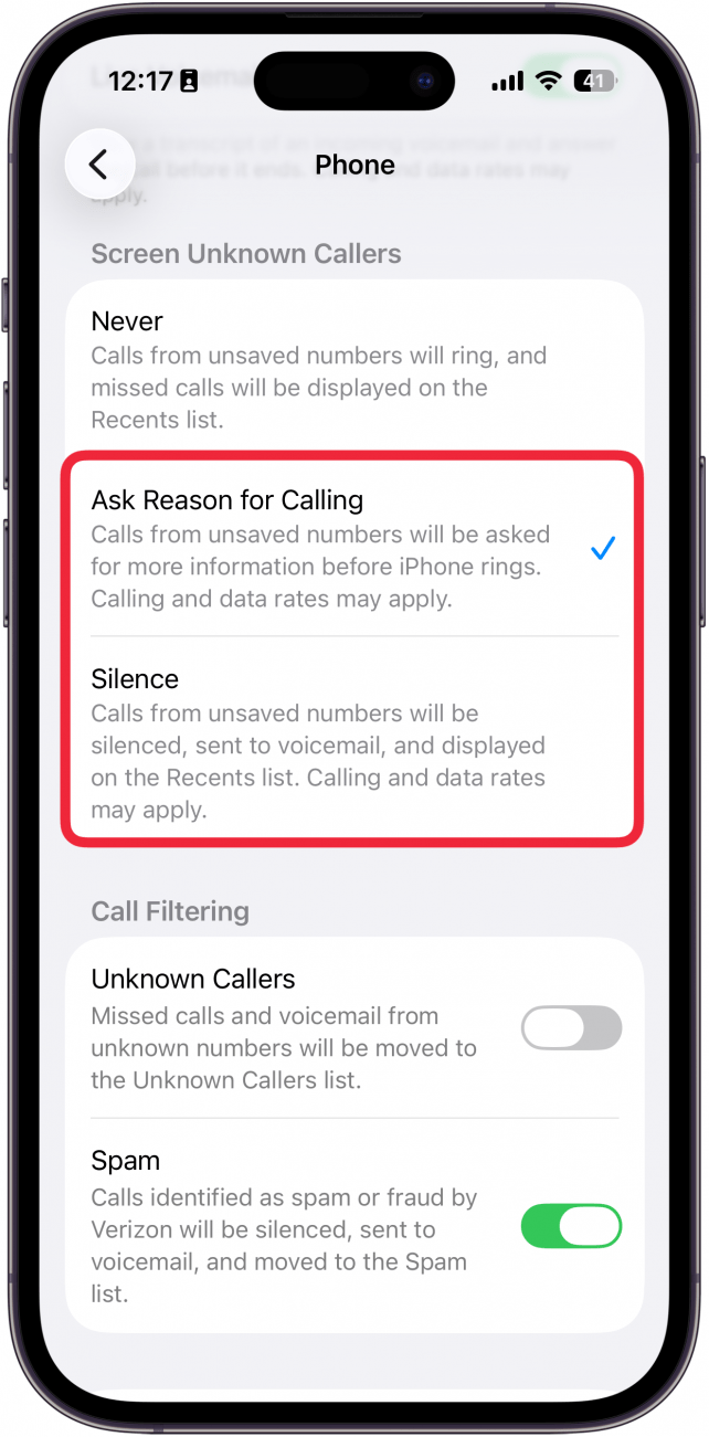 a screenshot of the phone settings on iphone with a red box around ask reason for calling and silence