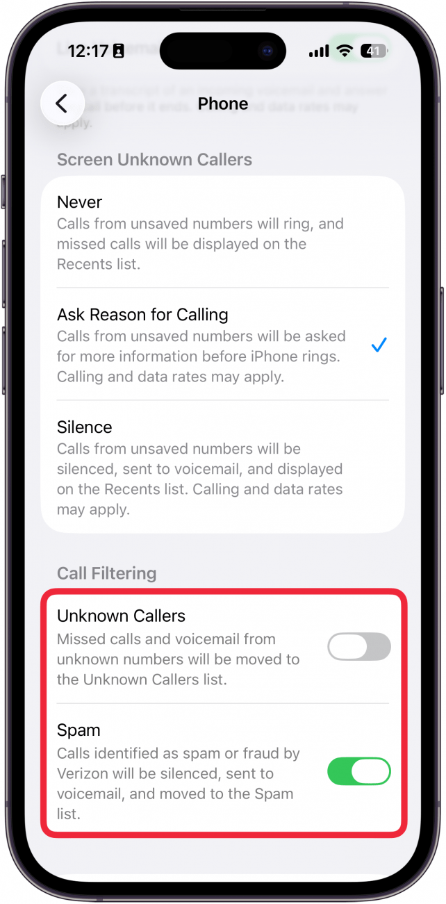 a screenshot of the phone settings on iphone with a red box around the toggle for unknown callers