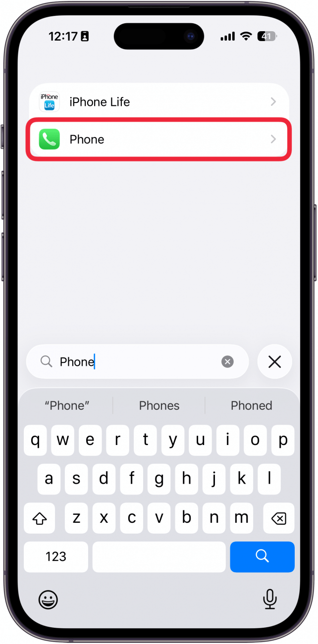 a screenshot of the app list in settings on iphone with a red box around the phone app