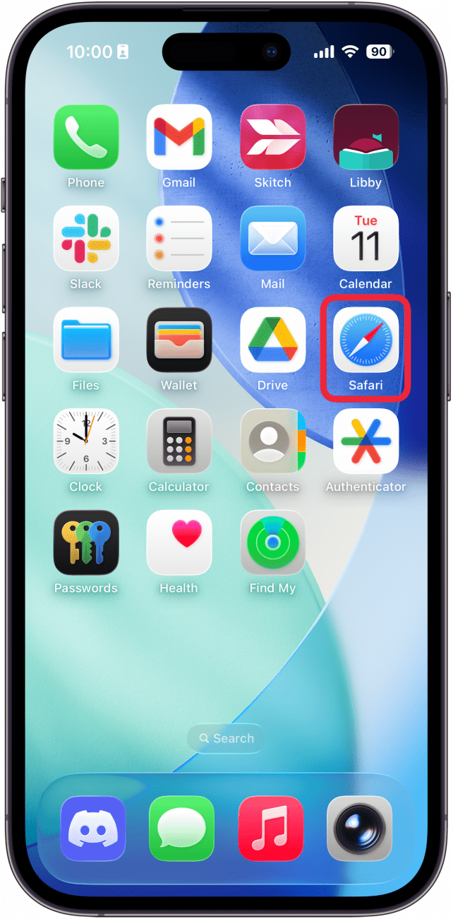 a screenshot of the home screen on iphone with a red box around the safari app