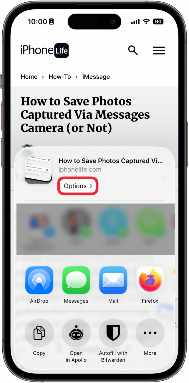 a screenshot of safari on iphone displaying the share sheet with a red box around options