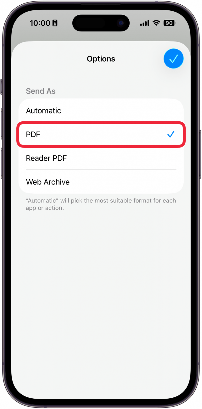 a screenshot of safari on iphone displaying options for sharing a web page with a red box around the pdf option