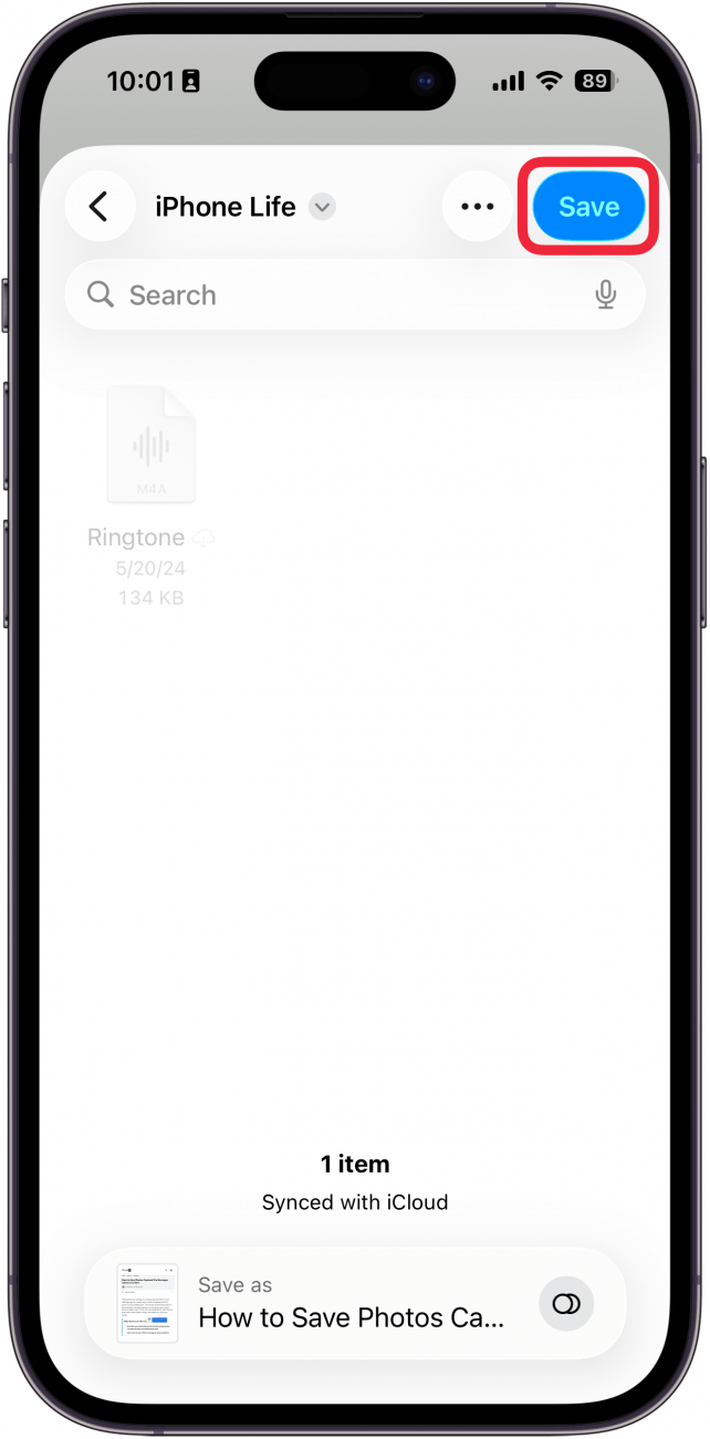 a screenshot of safari on iphone displaying a folder in the files apps with a red box around the save button