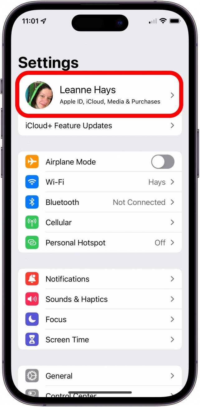 tap apple id at top of settings tap the apple id banner