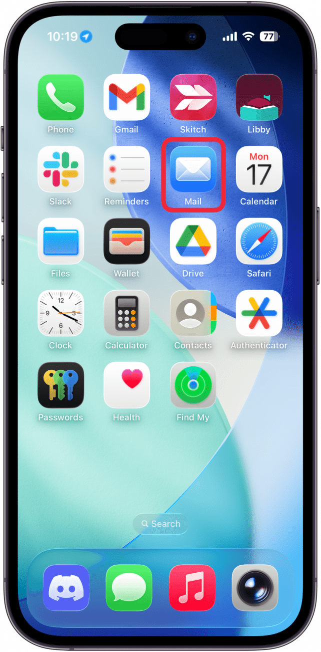 a screenshot of the home screen on an iphone with a red box around the mail app