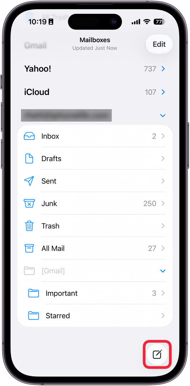 a screenshot of the mail app on iphone with a red box around the new email button