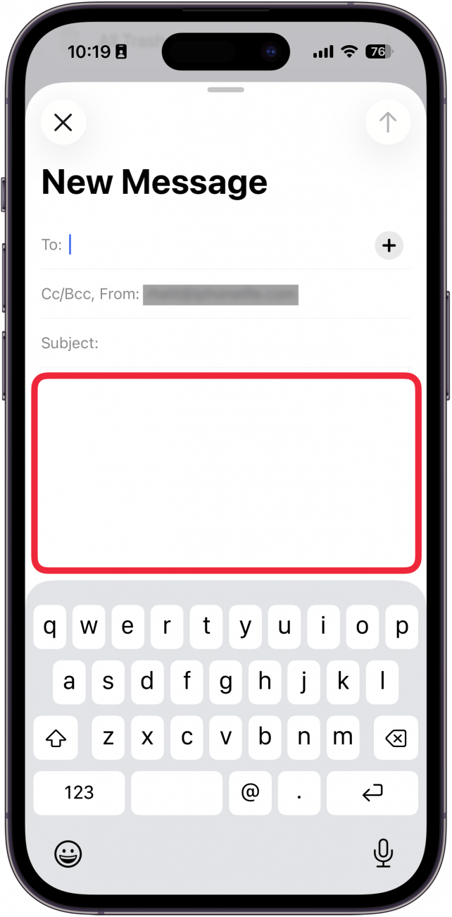 a screenshot of the new email screen on iphone with a red box around the body of the email