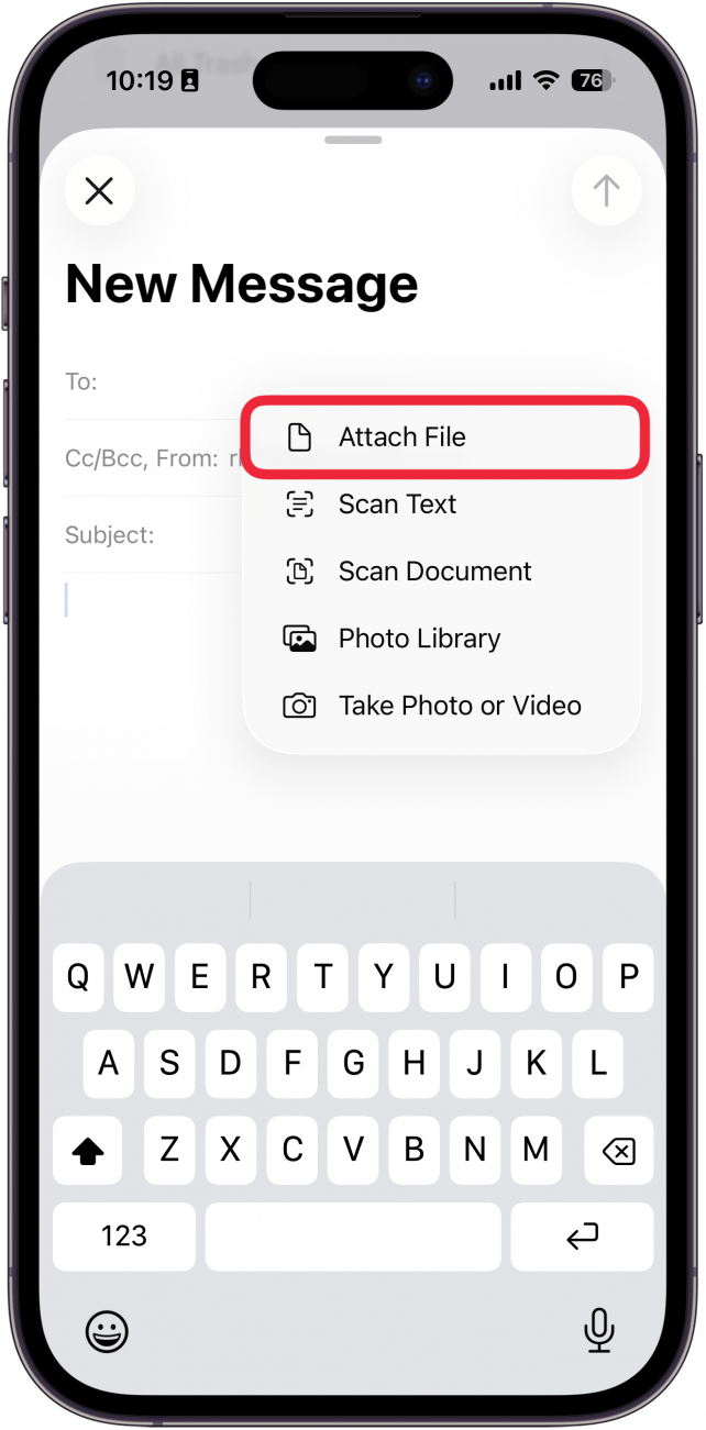 a screenshot of the new email screen on iphone with a red box around attach file
