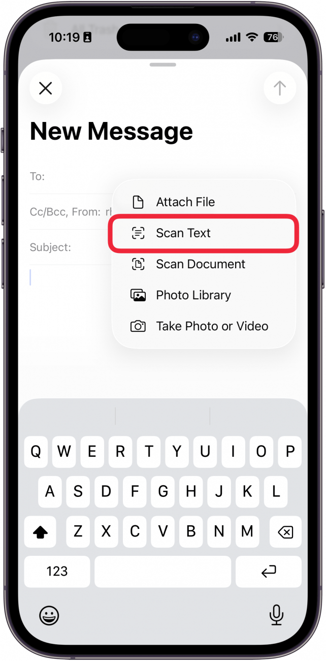 a screenshot of the new email screen on iphone with a red box around scan text
