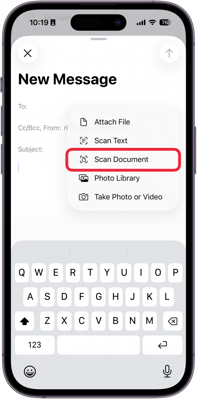 a screenshot of the new email screen on iphone with a red box around scan document