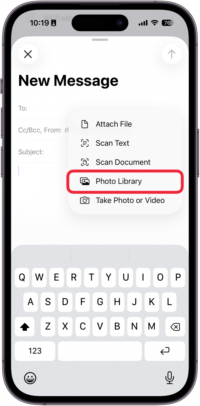 a screenshot of the new email screen on iphone with a red box around photo library