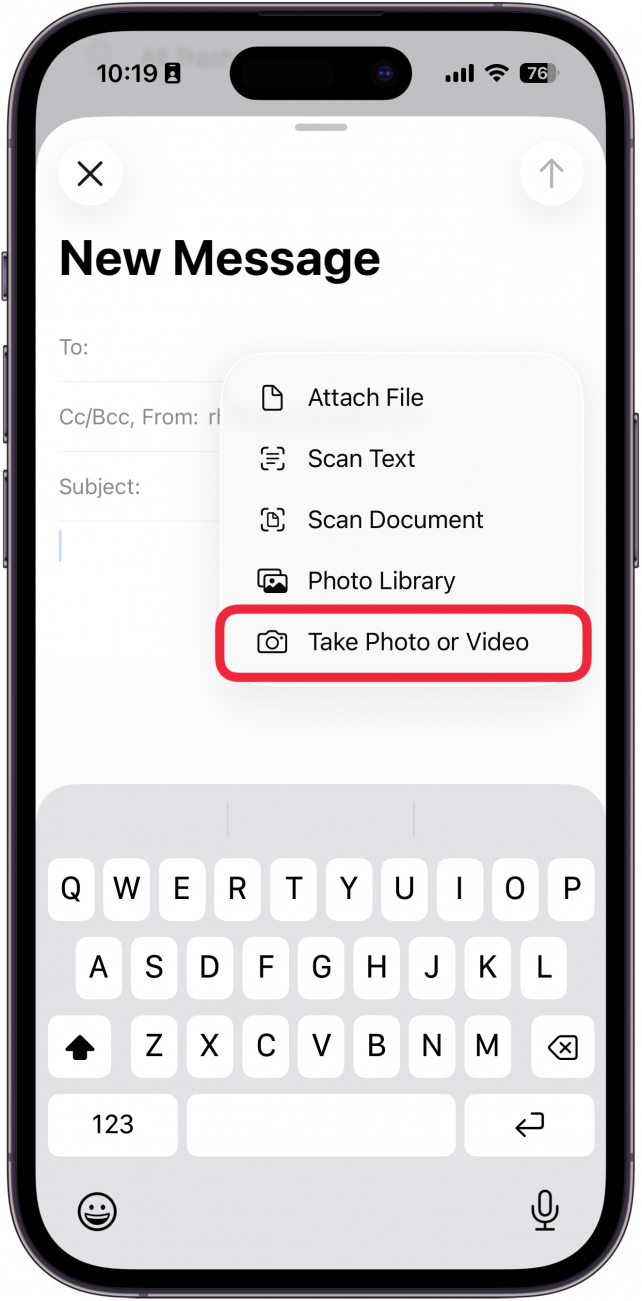 a screenshot of the new email screen on iphone with a red box around take photo or video