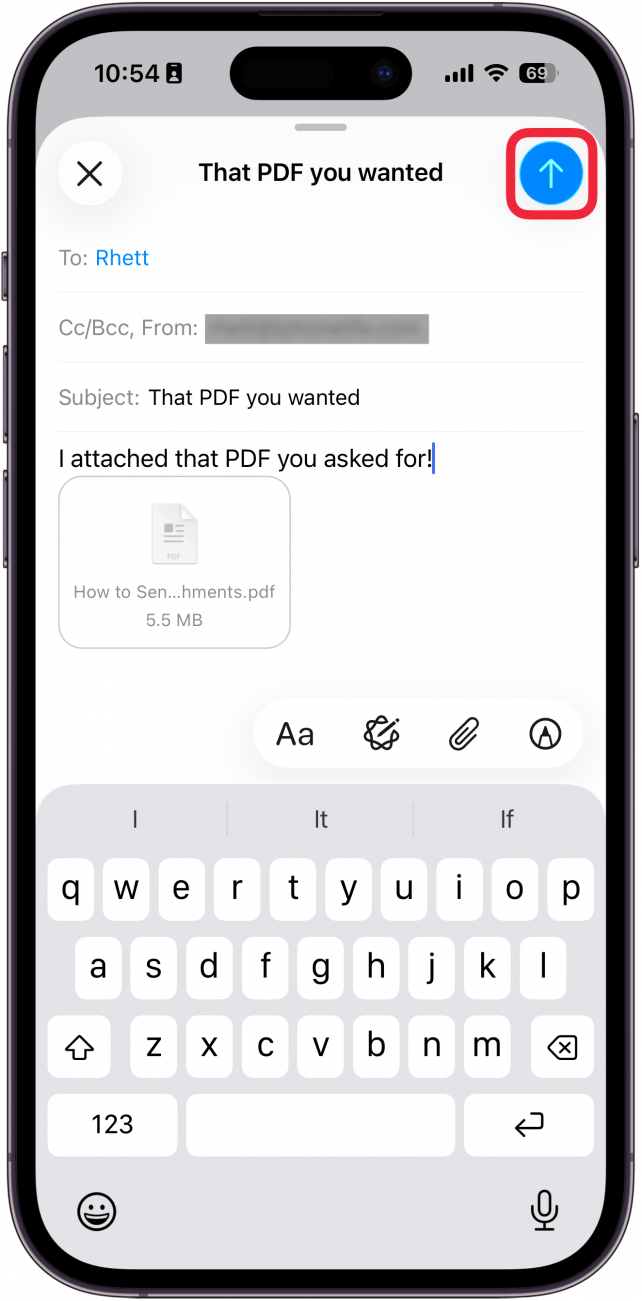 a screenshot of the new email screen on iphone with a red box around the send button