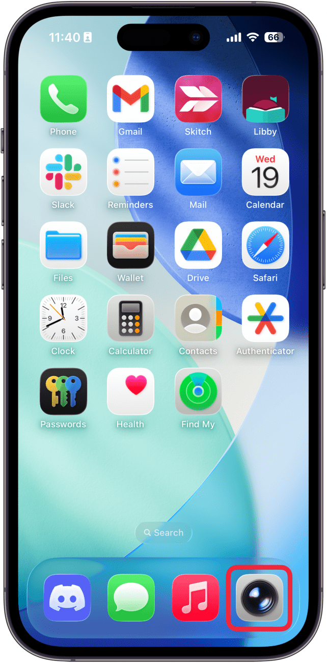 a screenshot of the home screen on iphone with a red box around the camera app