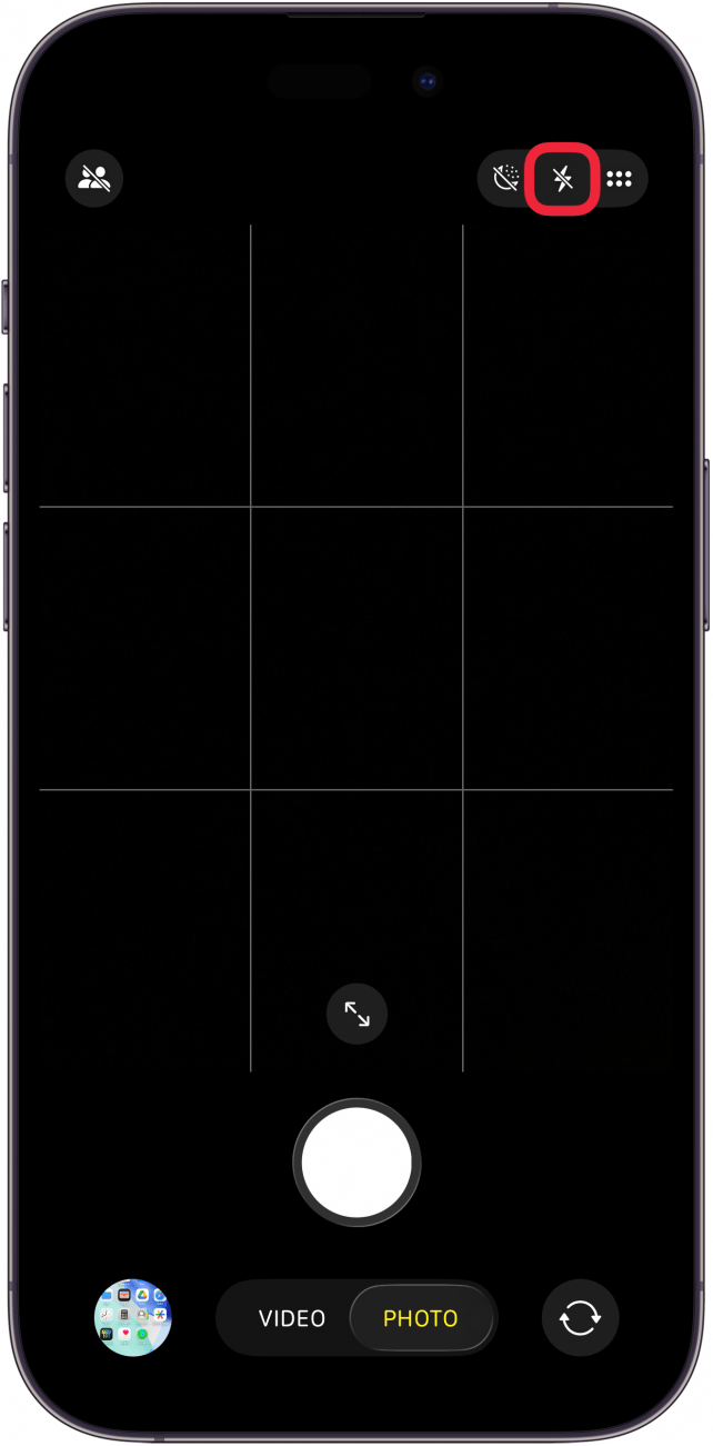 a screenshot of the iphone camera app with flash icon circled in red. the icon itself is gray.