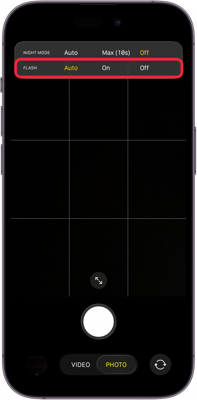 a screenshot of the iphone camera app with expanded flash controls for auto, on, and off, with a red box around the menu