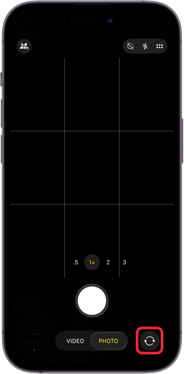 a screenshot of the iphone camera app with camera switcher button circled in red