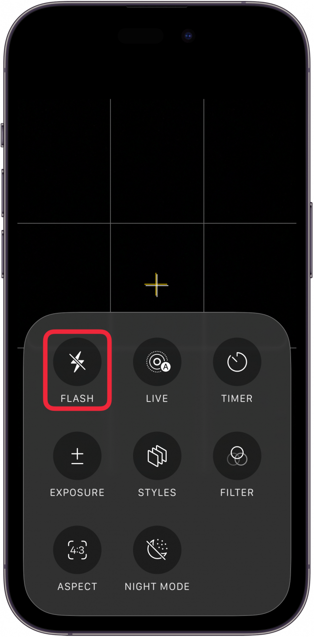 a screenshot of the iphone camera app displaying an expanded camera settings menu with a red box around the flash option