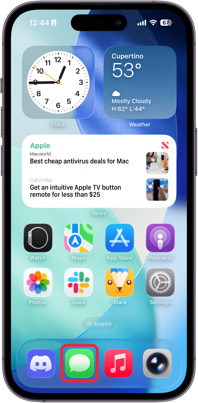 iphone home screen with a red box around the messages app