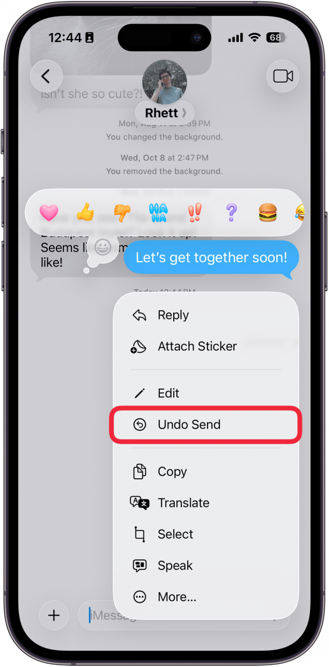 a screenshot of the messages app on iphone displaying a text conversation which is blurred except for one blue message bubble which has an additional menu open. there is a red box around the undo send button
