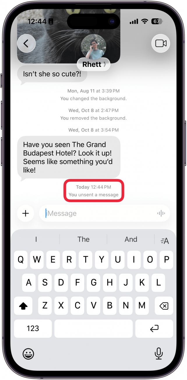 a screenshot of the messages app on iphone displaying a text conversation with text that reads "you unsent a message"